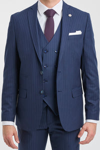 Costume trois pièces à fines rayures bleu marine pour homme