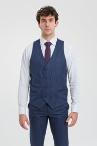 Costume trois pièces à fines rayures bleu marine pour homme
