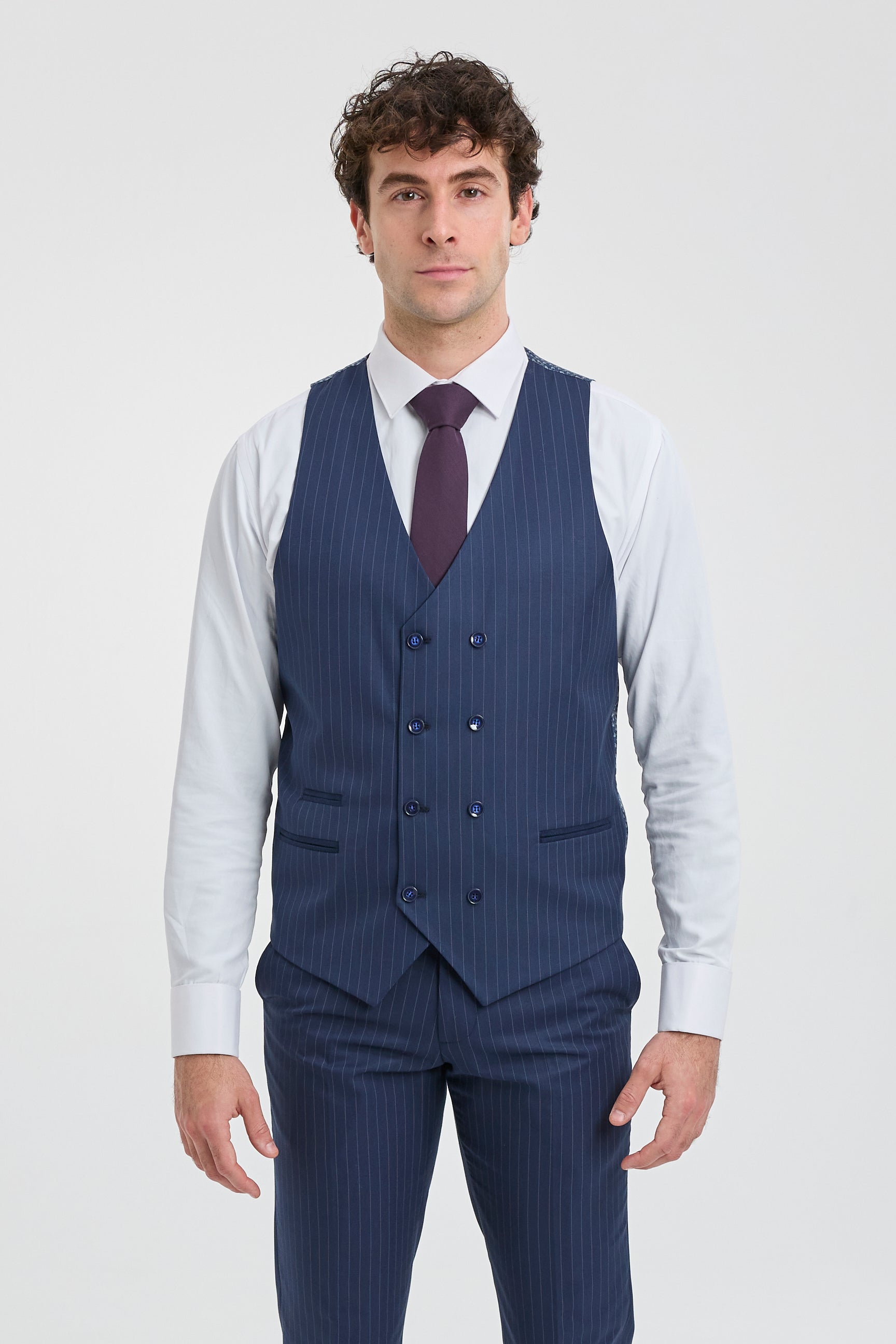 Costume trois pièces à fines rayures bleu marine pour homme
