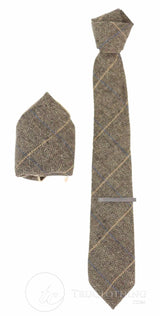 Tan-Brown Check Tweed Tie with Hankie and Tie Clip - Tan Brown