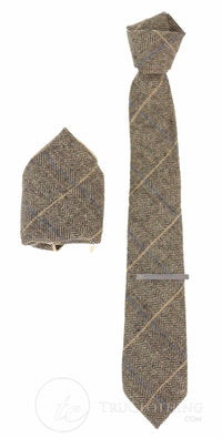 Tan-Brown Check Tweed Tie with Hankie and Tie Clip - Tan Brown