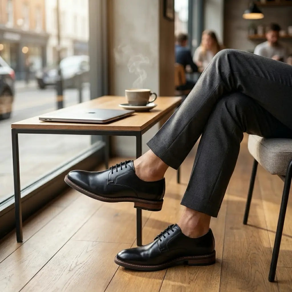 Tanner - Chaussures Derby à lacets en cuir noir pour homme, bout uni