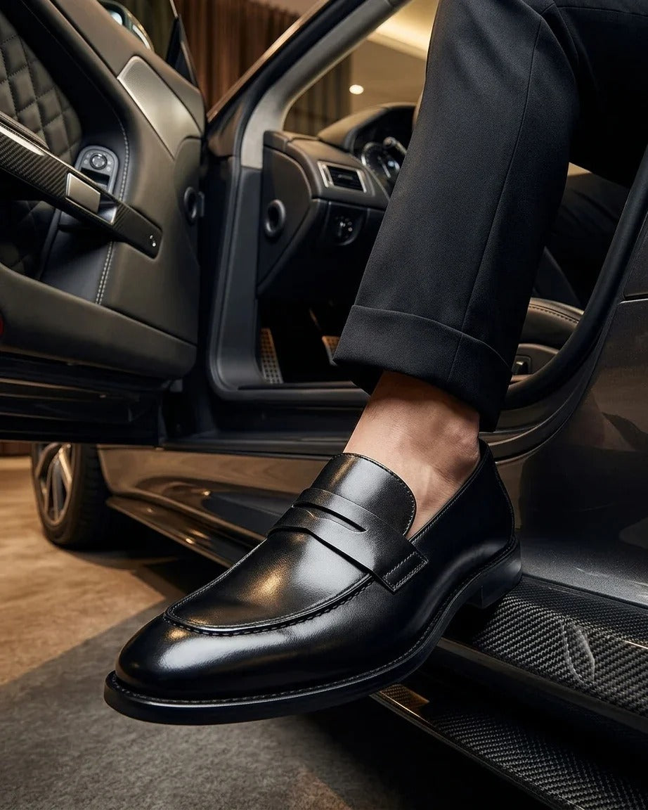 Mocassins penny classiques noirs pour hommes Ted, en cuir à bout rond