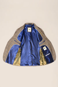 Costume trois pièces pour homme en tweed à chevrons beige et marron à carreaux, coupe ajustée, style classique double