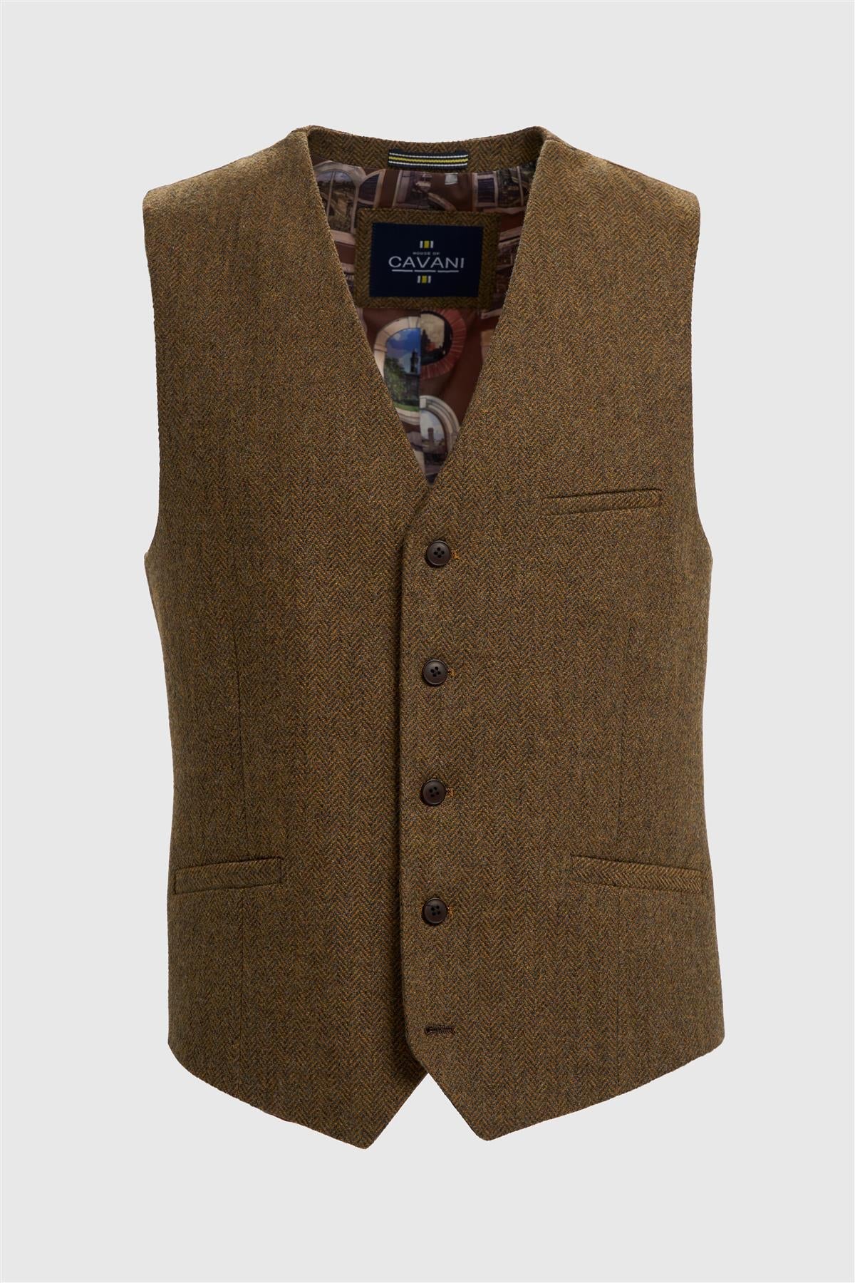 Thomas - Gilet en tweed à chevrons marron mélangé laine pour homme