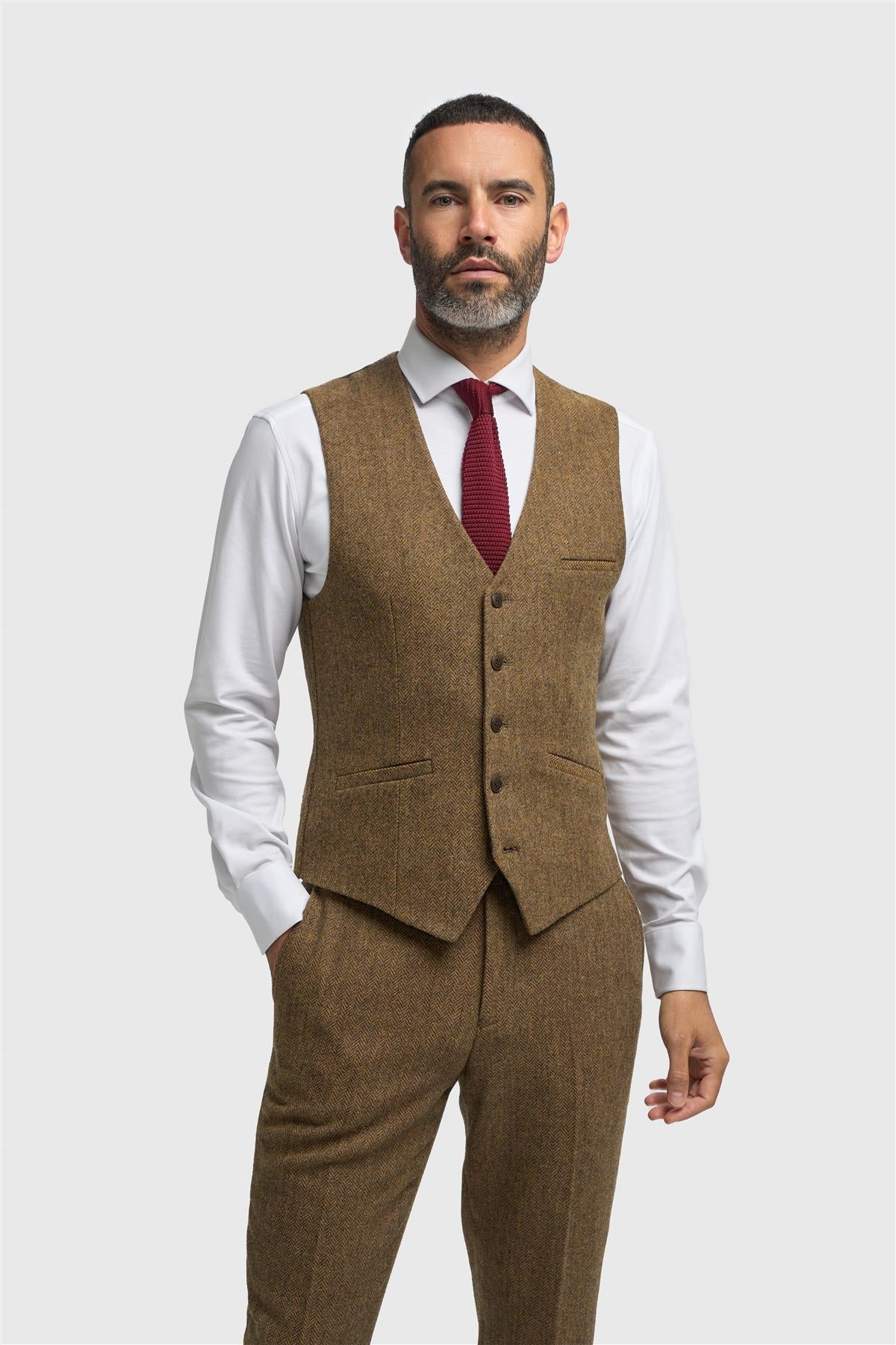 Thomas - Gilet en tweed à chevrons marron mélangé laine pour homme