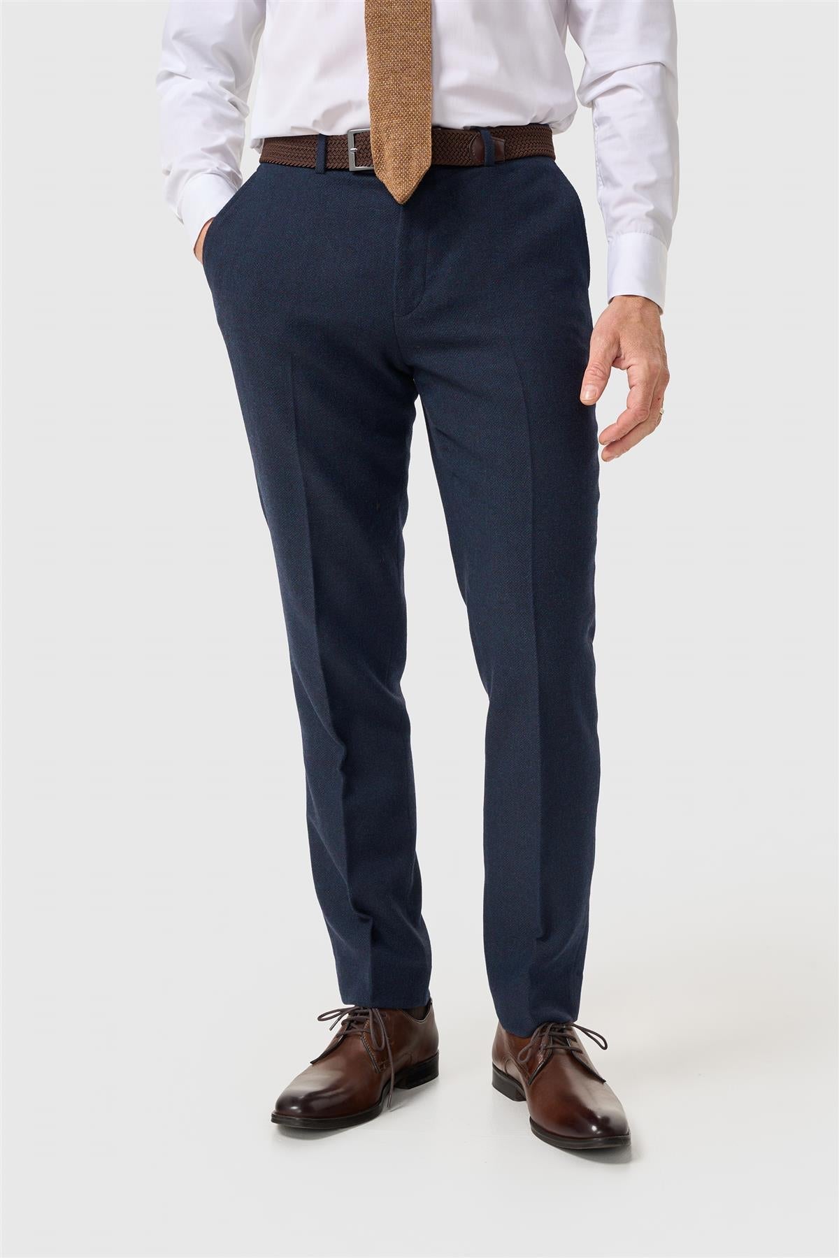 Pantalon Thomas pour homme en tweed à chevrons mélangé laine marine