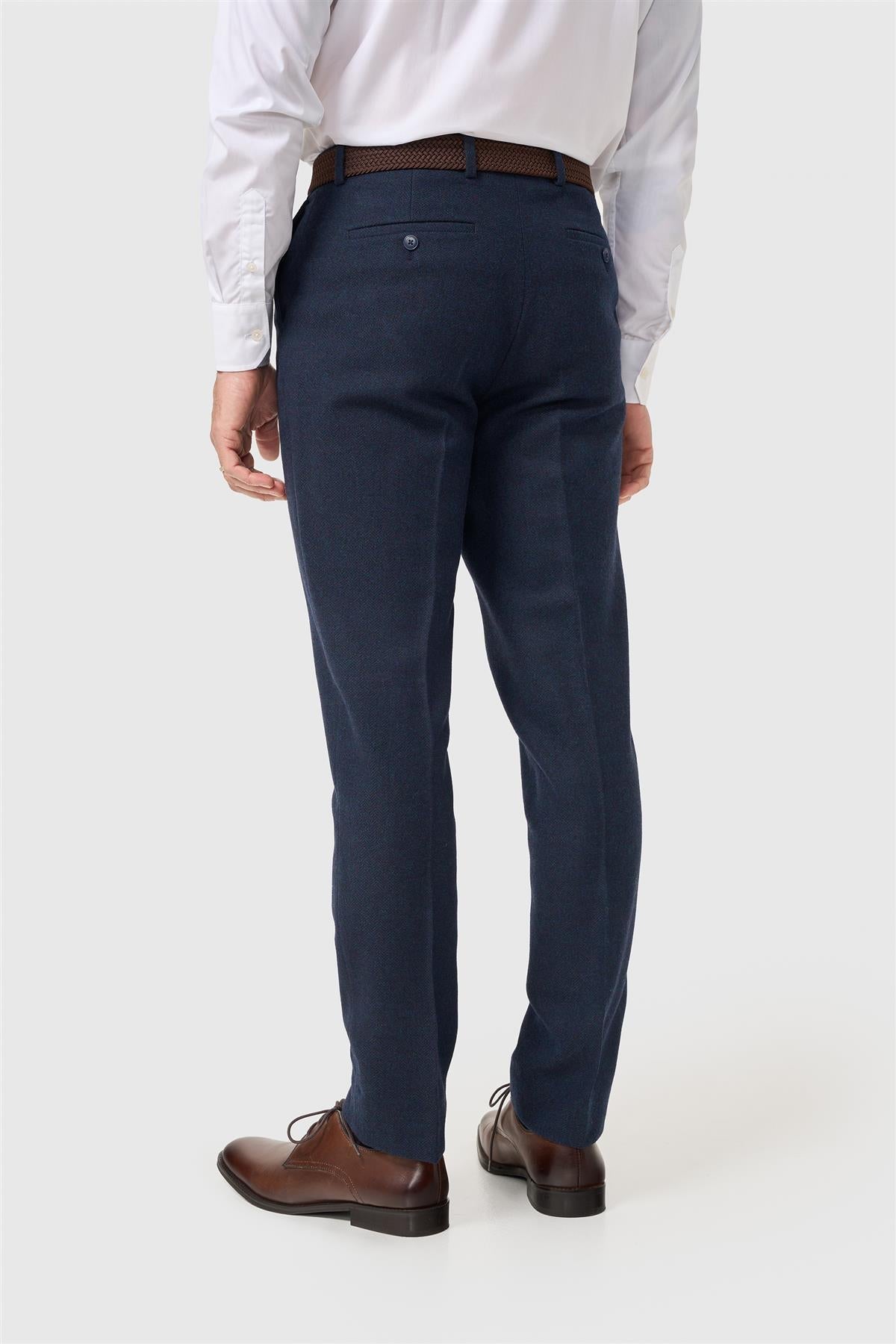 Pantalon Thomas pour homme en tweed à chevrons mélangé laine marine