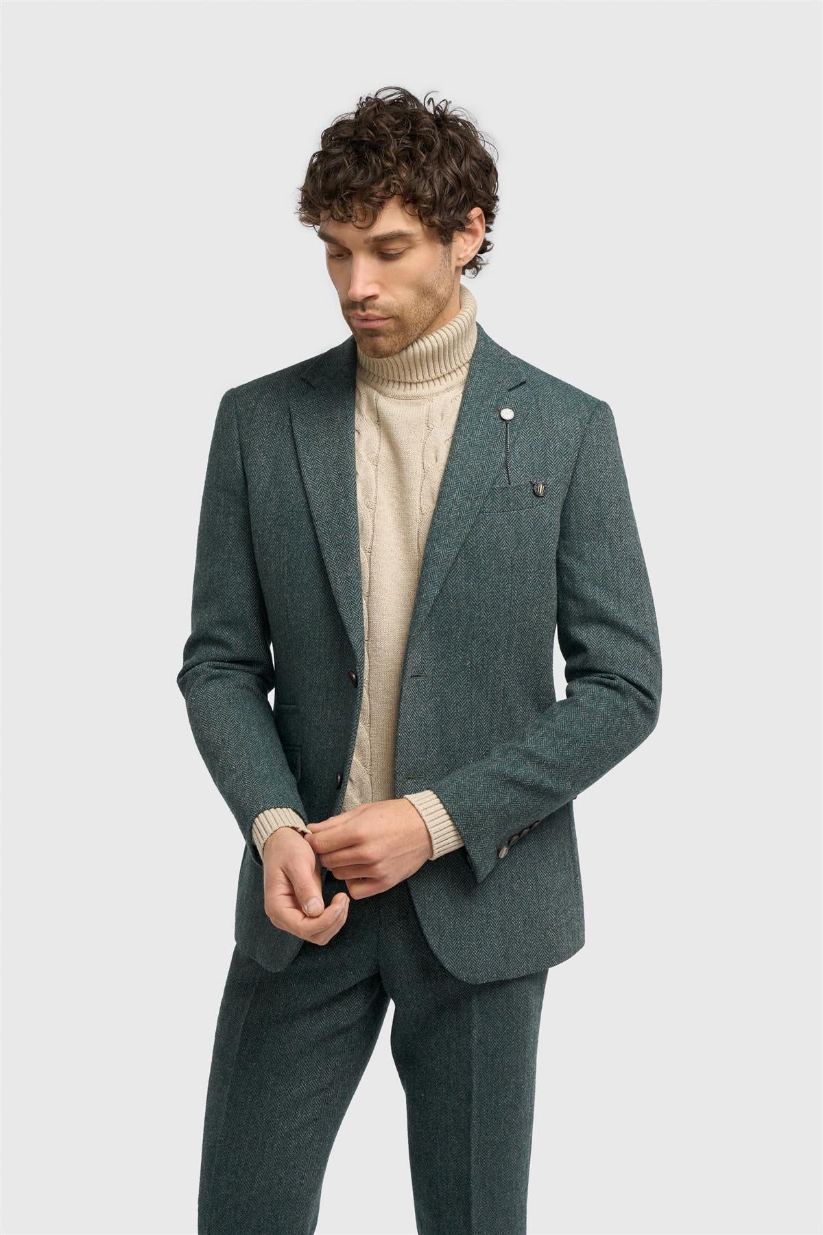 Thomas - Blazer classique en tweed à chevrons vert olive pour homme