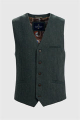 Thomas - Gilet pour homme en tweed à chevrons mélangé laine olive