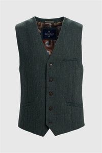 Thomas - Gilet pour homme en tweed à chevrons mélangé laine olive