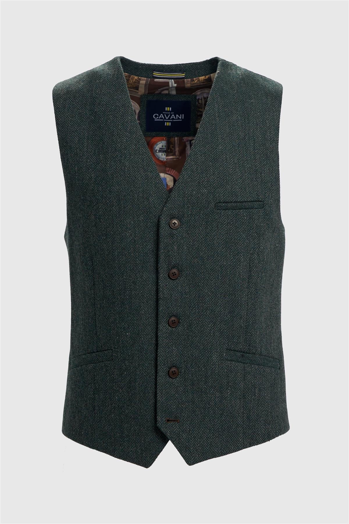 Thomas - Gilet pour homme en tweed à chevrons mélangé laine olive