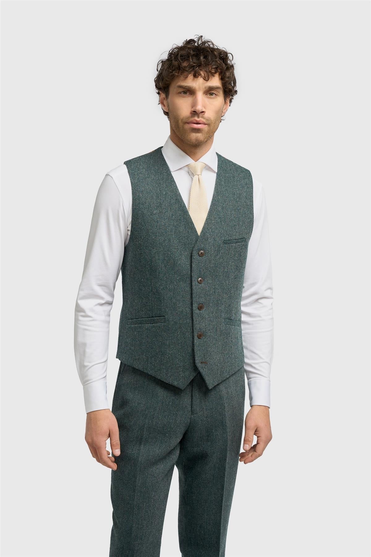 Thomas - Gilet pour homme en tweed à chevrons mélangé laine olive