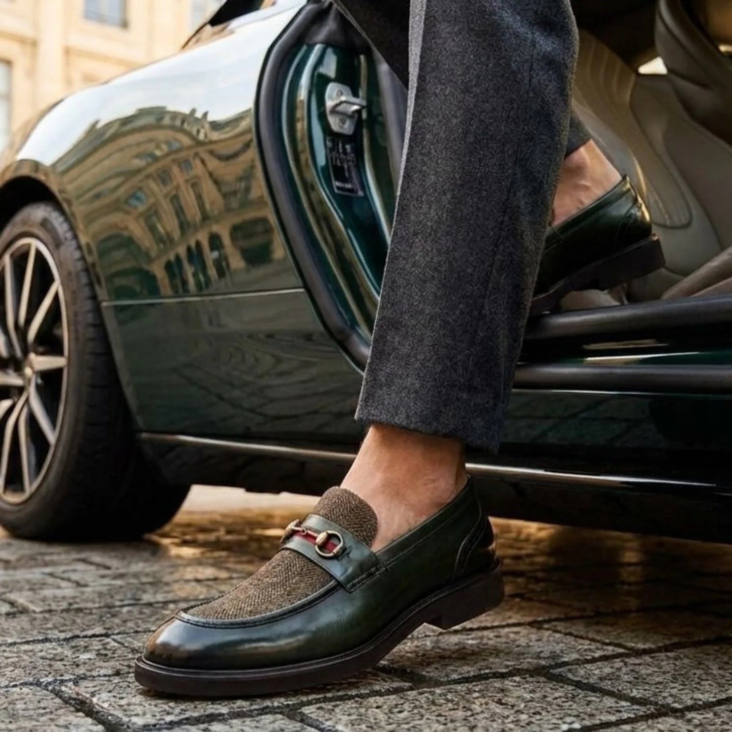 Mocassins Tristian pour homme en cuir vert à chevrons et tweed