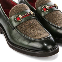 Mocassins Tristian pour homme en cuir vert à chevrons et tweed
