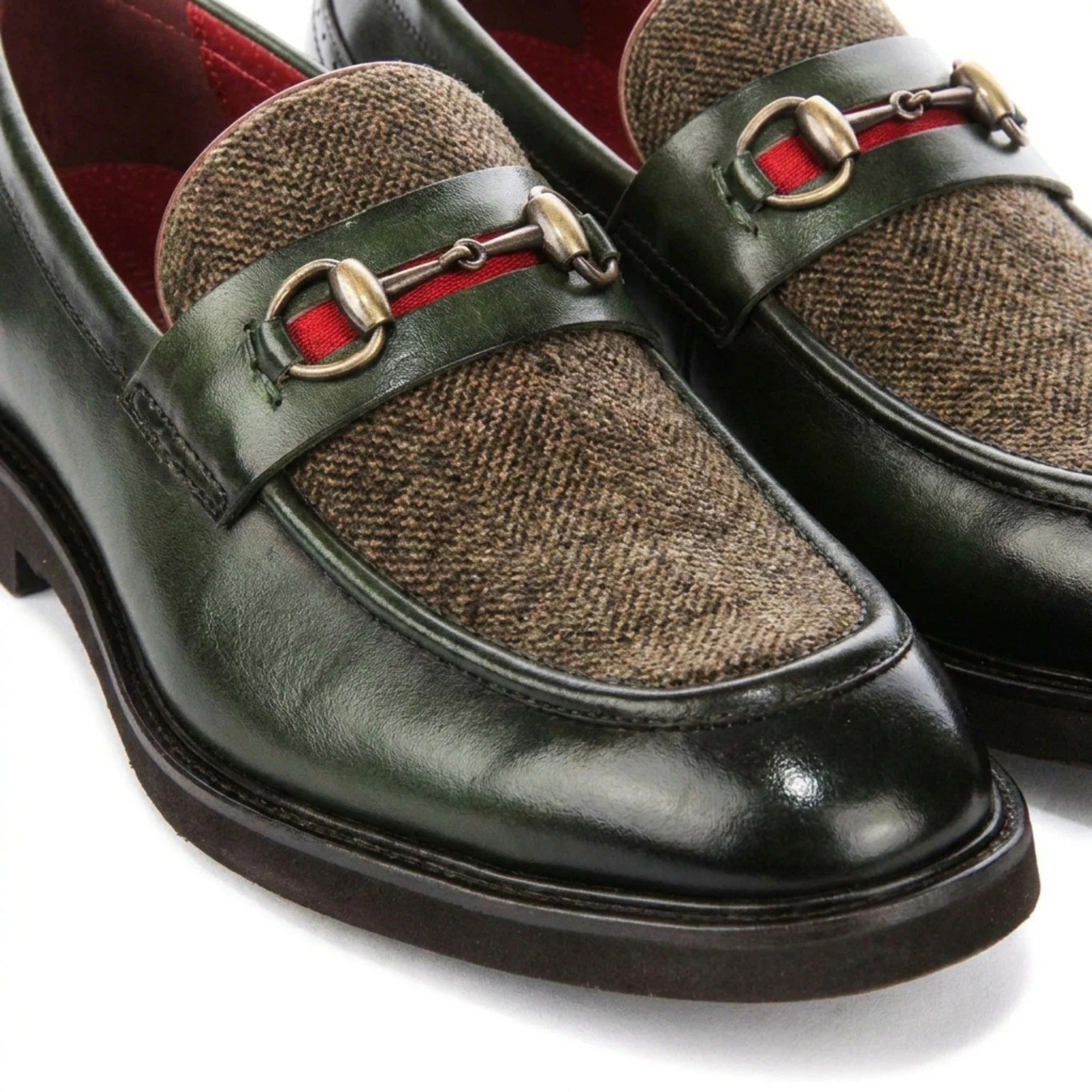 Mocassins Tristian pour homme en cuir vert à chevrons et tweed