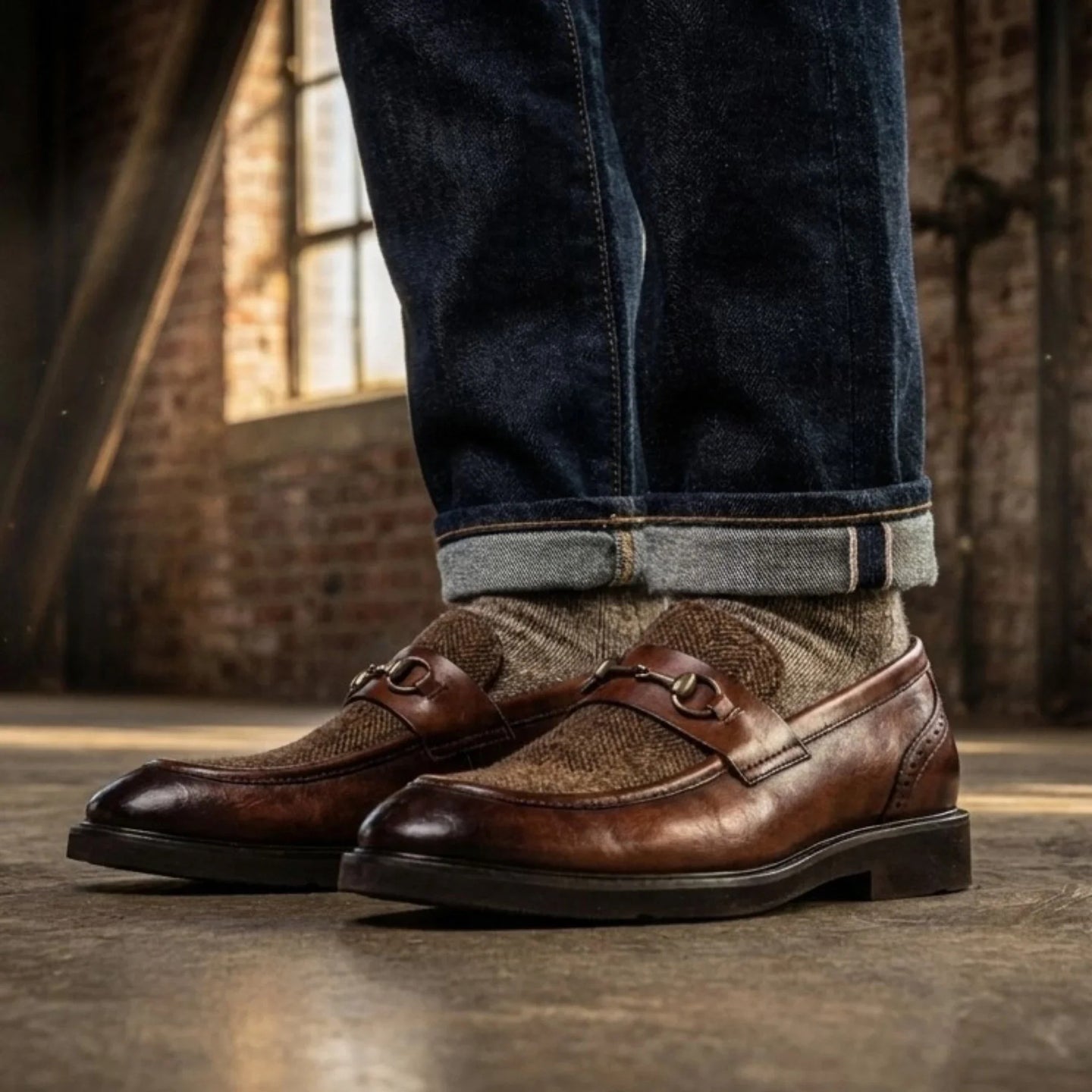 Mocassins Tristian pour homme en cuir fauve et tweed à chevrons