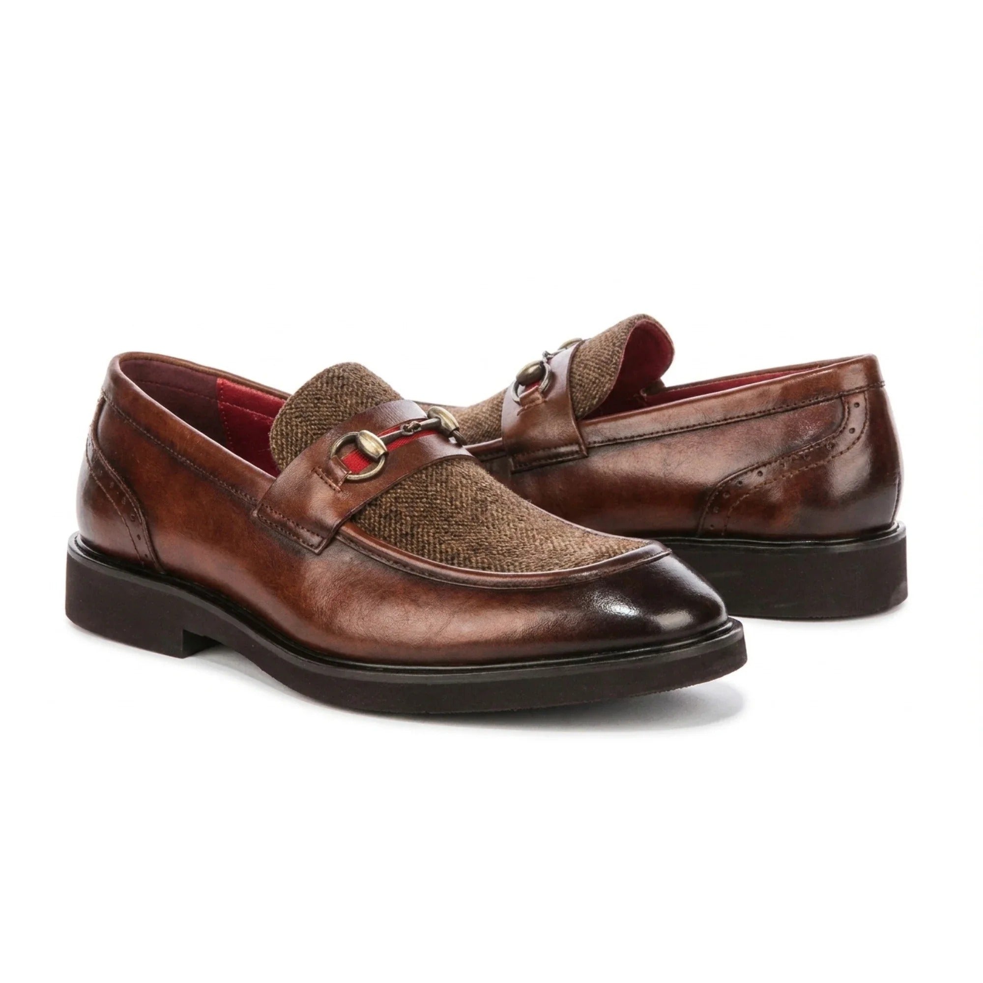 Mocassins Tristian pour homme en cuir fauve et tweed à chevrons