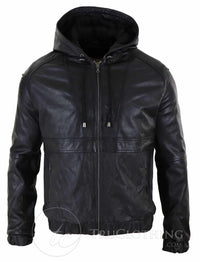 Mens Real Leather Bomber Hood Jacket - Black