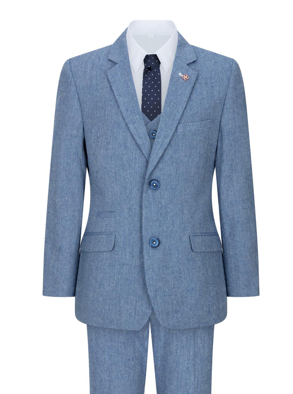 Boys 3 Piece Wool Suit Light Blue Tweed Vintage 1920s Classic 4 Pocket Waistcoat