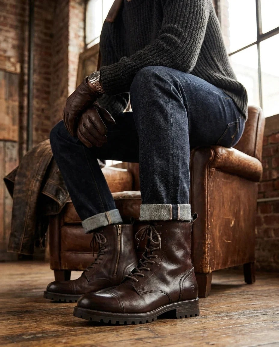 Bottes de combat militaires Willem pour hommes, en cuir marron bordeaux