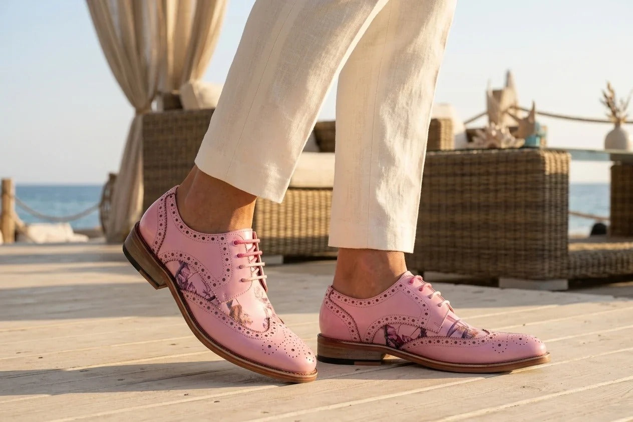 Wolf - Chaussures habillées Richelieu à bout fleuri rose pour homme