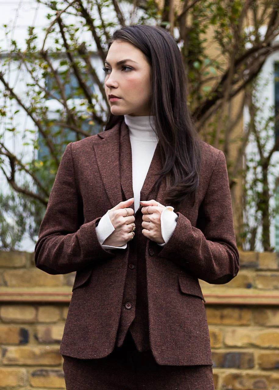WS-12 - Blazer de tailleur en tweed pour femme, laine à chevrons, marron rouille