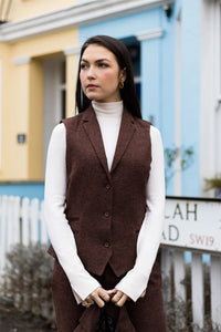 WS-12 - Gilet de tailleur en tweed pour femme, laine à chevrons, marron rouille